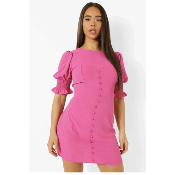Boohoo Linen Puff Sleeve Mini Dress Size 6 Pink - Picture 2 of 11